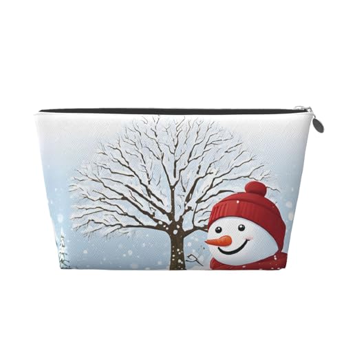 (Frohe Weihnachten mit fröhlichem Schneemann) Reise-Kulturtasche aus Leder mit Reißverschluss, Kosmetiktaschen für Damen, kleine Make-up-Tasche für die Handtasche, tragbare Reise-Kosmetiktasche, von peiyeety