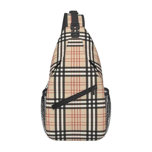 Beige Plaid Tartan Checkered Sling Bag Crossbody Rucksack für Damen Herren Reisen Wandern Daypack Brust Schultertasche von peiyeety