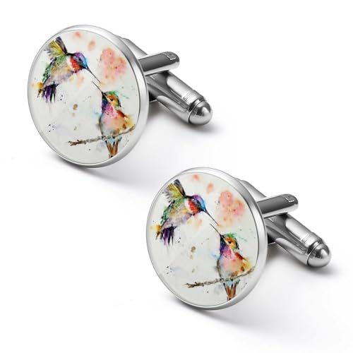 Bunte, frühlingshafte, fröhliche Kolibri-Manschettenknöpfe, runde Manschettenknöpfe, Smokinghemd-Manschettenknöpfe für Bräutigam, Ehemann, Vater, Freund, Geschenk von peiyeety