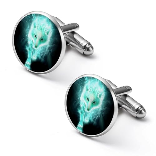 Coole cyanfarbene runde Manschettenknöpfe mit wandelndem Wolfsmuster, Manschettenknöpfe für Smokinghemden als Geschenk für Bräutigam, Ehemann, Vater, Freund von peiyeety