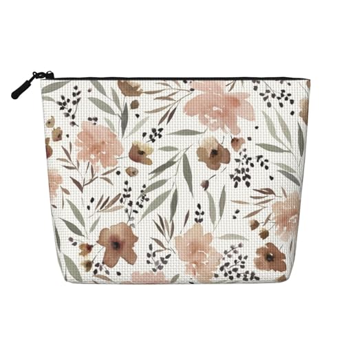 Damen-Make-up-Tasche mit großem Fassungsvermögen und Vintage-Blumenmuster, wasserdichtes Material aus Hanfimitat mit Reißverschluss, tragbar, Kosmetiktasche für die Reise von peiyeety
