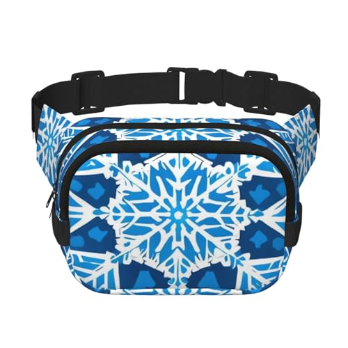 Doppellagige Hüfttasche für Damen und Herren, Verstellbarer, wasserdichter Laufgürtel, multifunktionale Gürteltasche mit blauem Weihnachts-Schneeflocken-Aufdruck für Reisen, Wandern und Fitness von peiyeety