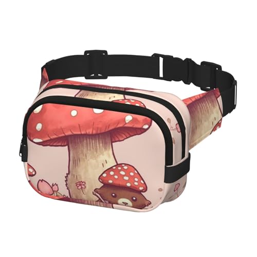 Doppellagige Hüfttasche für Damen und Herren, Verstellbarer wasserdichter Laufgürtel, multifunktionale Gürteltasche mit Bären- und Pilz-Aufdruck für Reisen, Wandern und Fitness von peiyeety