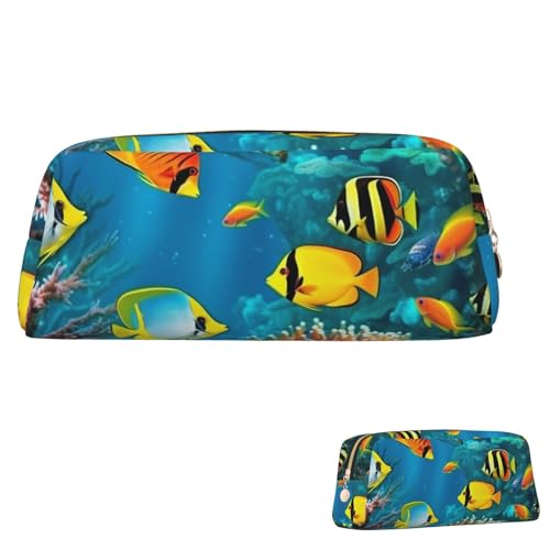 Federmäppchen aus Leder, großes Fassungsvermögen, Federmäppchen, ästhetischer Stiftebeutel, Organizer mit Reißverschluss, tragbar, groß, mit tropischen Fischen auf der Unterwasserwelt, Stifttasche f von peiyeety