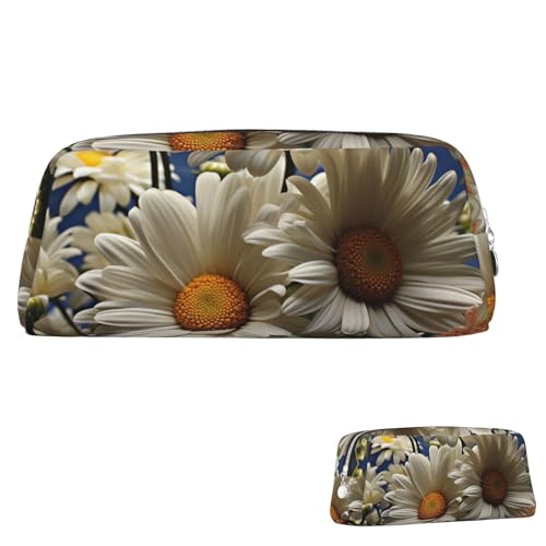 Federmäppchen aus Leder, großes Fassungsvermögen, Federmäppchen, ästhetischer Stiftebeutel, Organizer mit Reißverschluss, tragbar, große Federtasche mit Blumenmuster und Gänseblümchenmuster für Dame von peiyeety