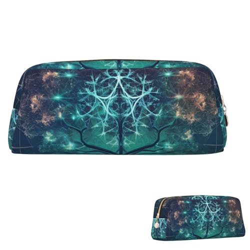 Federmäppchen aus Leder, großes Fassungsvermögen, Federmäppchen, ästhetischer Stiftebeutel, Organizer mit Reißverschluss, tragbar, großes digitales futuristisches Baumsymbol mit Weltraum-Stifttasche von peiyeety