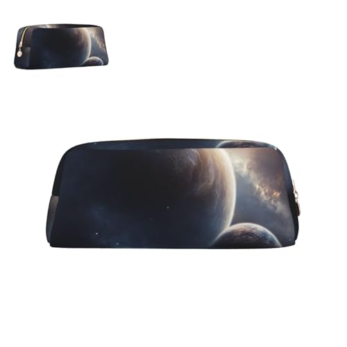 Federmäppchen aus Leder mit Mond, Sternen und Planeten, mit Reißverschluss, tragbar, ästhetisch, wasserdicht, niedliche Stifttasche fürs Büro von peiyeety
