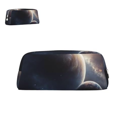 Federmäppchen aus Leder mit Mond, Sternen und Planeten, mit Reißverschluss, tragbar, ästhetisch, wasserdicht, niedliche Stifttasche fürs Büro von peiyeety