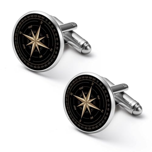 Kompassrose, schwarzes Muster, runde Manschettenknöpfe, Smokinghemd-Manschettenknöpfe für Bräutigam, Ehemann, Vater, Freund, Geschenk von peiyeety