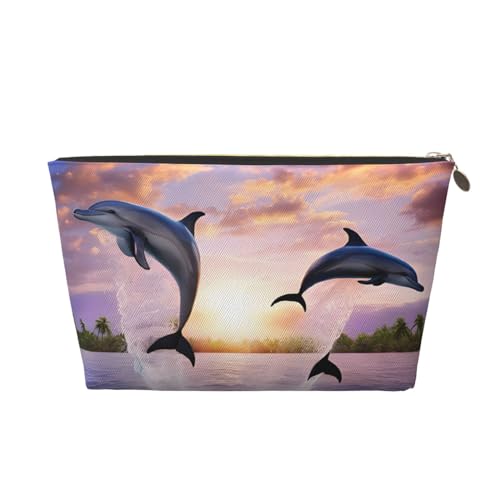 Kosmetiktasche für Damen mit Aufdruck, große Kapazität, Reisekosmetiktasche, wasserdichte Kulturtasche aus Leder (Delfine bei Sonnenuntergang) von peiyeety