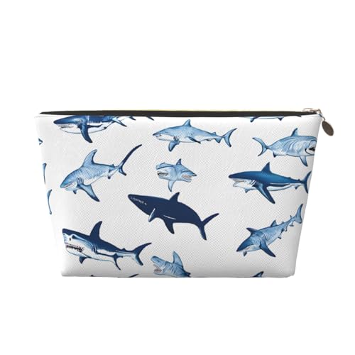 Kosmetiktasche für Damen mit Aufdruck, große Kapazität, Reisekosmetiktasche, wasserdichte Kulturtasche aus Leder (Haie) von peiyeety