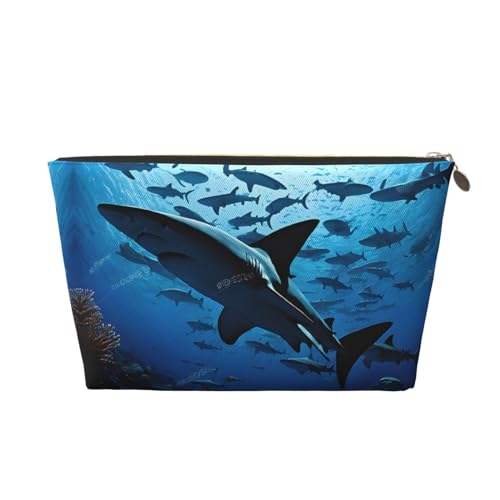 Kosmetiktasche für Damen mit Aufdruck, große Kapazität, Reisekosmetiktasche, wasserdichte Kulturtasche aus Leder (Hammerhaie) von peiyeety