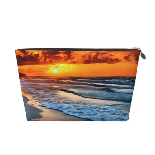 Kosmetiktasche für Damen mit Aufdruck, große Kapazität, Reisekosmetiktasche, wasserdichte Kulturtasche aus Leder (Strand mit Sonnenuntergang) von peiyeety