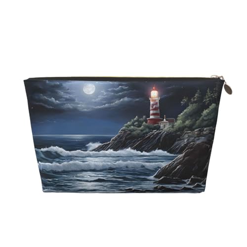 Kosmetiktasche für Damen mit Aufdruck, großes Fassungsvermögen, Reise-Kosmetiktasche aus Leder, wasserdicht, Kulturbeutel, Geldbörse (Mondlicht-Leuchtturm) von peiyeety