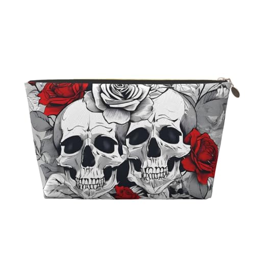 Kosmetiktasche für Damen mit Aufdruck, großes Fassungsvermögen, Reisekosmetiktasche, wasserdichte Kulturtasche aus Leder (Totenkopf und Blume) von peiyeety