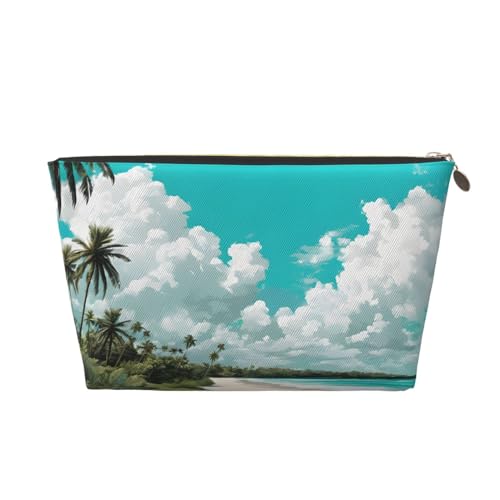 Kosmetiktasche für Damen mit Aufdruck, großes Fassungsvermögen, Reisekosmetiktasche aus Leder, wasserdicht, Kulturbeutel, Geldbörse (Strandpalmen) von peiyeety