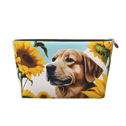 Kosmetiktasche für Damen mit Aufdruck, großes Fassungsvermögen, Reisekosmetiktasche aus Leder, wasserdicht, Kulturbeutel (Hund mit Sonnenblumen) von peiyeety