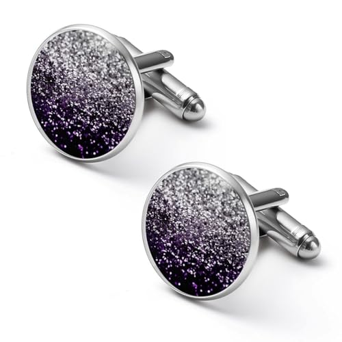 Lila Schwarz Silber Glitzer Muster Runde Manschettenknöpfe, Smoking Hemd Manschettenknöpfe für Bräutigam Ehemann Vater Freund Geschenk von peiyeety