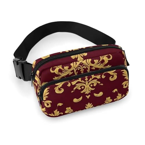 Modische Gürteltasche mit Kleiderdekor, kleine Packung, tragbare Gürteltasche mit verstellbarem Riemen für Damen und Herren, Blumen, Kastanienbraun, Gold, Blumenmuster, edel, Burgunderrot, Antik von peiyeety