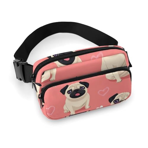 Modische Gürteltasche mit Kleiderdekor, kleine Packung, tragbare Gürteltasche mit verstellbarem Riemen für Damen und Herren, lustiges Cartoon-Mops-Welpen-Pink von peiyeety