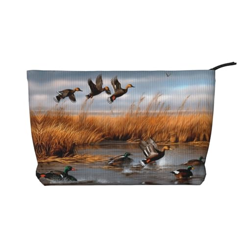 Reise-Kulturtasche aus Leder mit Reißverschluss, Motiv: Jagd und fliegende Wildente, Kosmetiktasche für Damen, kleine Make-up-Tasche für die Handtasche, tragbare Reise-Kosmetiktasche, Geschenktasche f von peiyeety