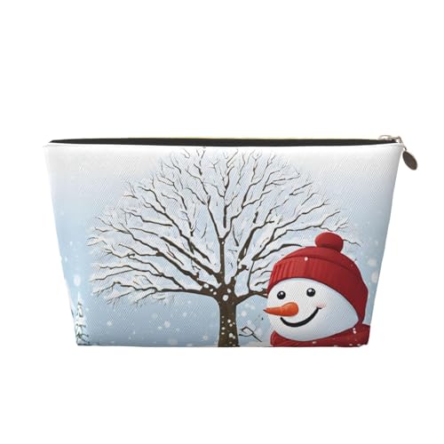 Reise-Kulturtasche aus Leder mit Reißverschluss „Frohe Weihnachten mit fröhlichem Schneemann, Kosmetiktasche für Damen, kleine Make-up-Tasche für die Handtasche, tragbare Reise-Kosmetiktasche, Gesche von peiyeety