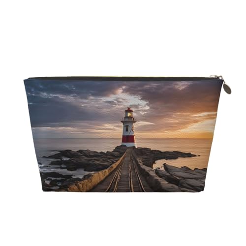 Reise-Kulturtasche aus Leder mit Reißverschluss im Leuchtturm-Design, Kosmetiktasche für Damen, kleine Schminktasche für die Handtasche, tragbare Reise-Kosmetiktasche, Geschenktasche für Frauen, Mädch von peiyeety