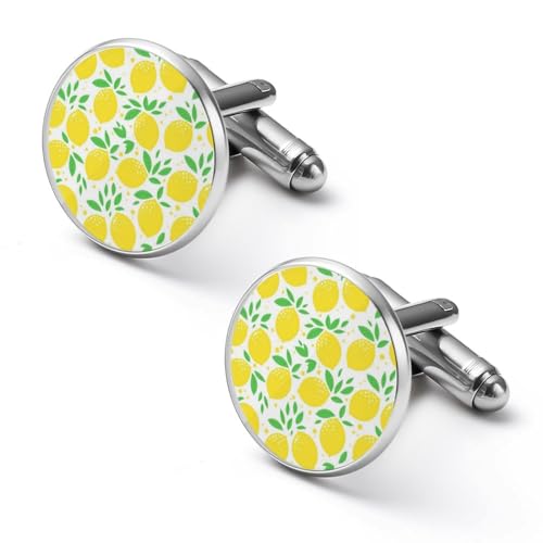 Runde Manschettenknöpfe mit grünem Blatt- und gelbem Zitronenmuster, Smokinghemd-Manschettenknöpfe für Bräutigam, Ehemann, Vater, Freund, Geschenk von peiyeety