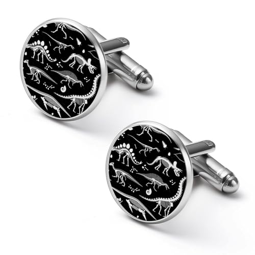 Schwarze und weiße Dinosaurier-Skelett-Muster Runde Manschettenknöpfe, Smoking-Hemd Manschettenknöpfe für Bräutigam Ehemann Vater Freund Geschenk Schwarze und weiße Dinosaurier-Skelett-Muster Runde Manschettenknöpfe, Smoking-Hemd Manschettenknöpfe für Bräutigam Ehemann Vater Freund Geschenk von peiyeety