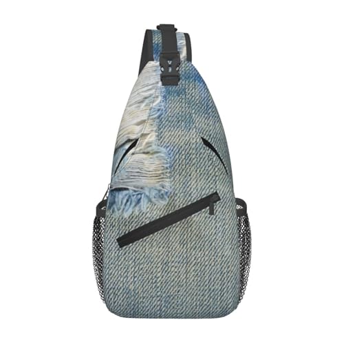 Zerrissene Denim-Bluejeans mit zerfetzten Fäden, Schultertasche, Umhängetasche für Damen und Herren, Reise- und Wanderrucksack, Tagesrucksack, Brust- und Schultertasche Zerrissene Denim-Bluejeans mit zerfetzten Fäden, Schultertasche, Umhängetasche für Damen und Herren, Reise- und Wanderrucksack, Tagesrucksack, Brust- und Schultertasche von peiyeety