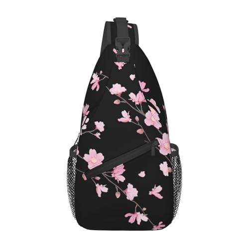 peiyeety Cherry Blossom Black Sling Bag Crossbody Rucksack für Damen und Herren, Reisen, Wandern, Tagesrucksack, Brust-Umhängetasche von peiyeety