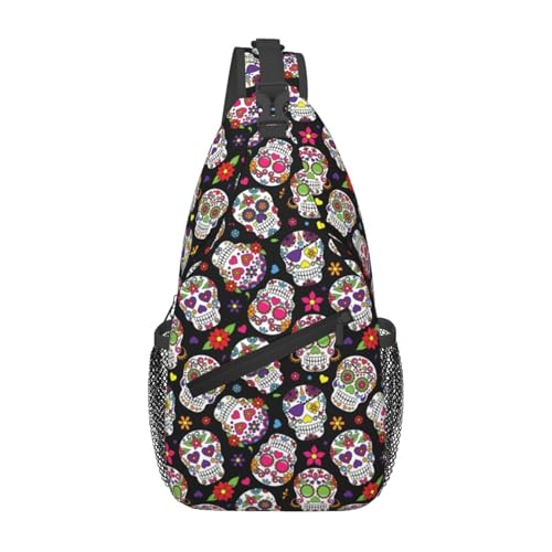 peiyeety Day of the Dead Sugar Skull Sling Bag Crossbody Rucksack für Damen und Herren, Reisen, Wandern, Tagesrucksack, Brust- und Schultertasche von peiyeety