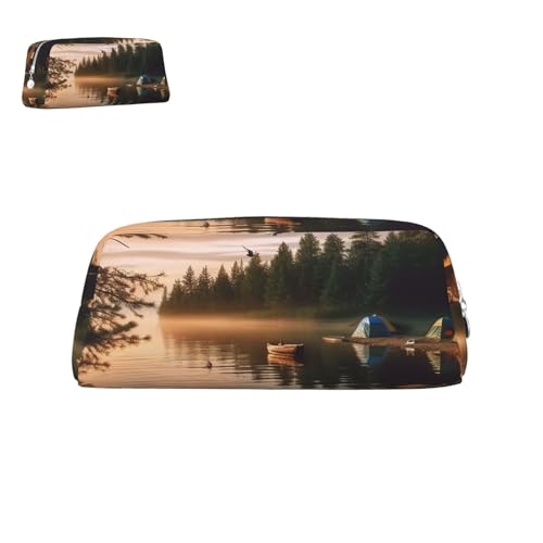 peiyeety Federmäppchen aus Leder, Motiv: Campingsee, mit Reißverschluss, tragbar, ästhetisch, wasserdicht, niedlich, fürs Büro von peiyeety