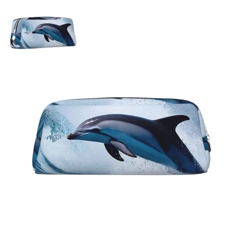 peiyeety Federmäppchen aus Leder mit Delfinmotiv und Reißverschluss, tragbar, ästhetisch, wasserdicht, niedliche Stifttasche fürs Büro von peiyeety