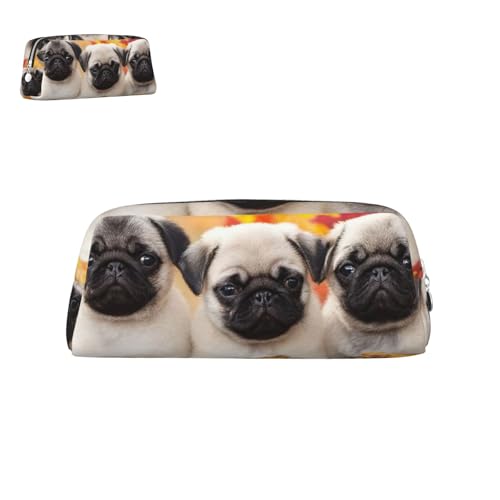 peiyeety Federmäppchen aus Leder mit Mops-Welpen und Reißverschluss, tragbar, ästhetisch, wasserdicht, niedliche Stifttasche fürs Büro von peiyeety