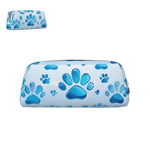 peiyeety Federmäppchen aus Leder mit blauem Pfotenabdruck und Reißverschluss, tragbar, ästhetisch, wasserdicht, niedliche Stifttasche fürs Büro von peiyeety