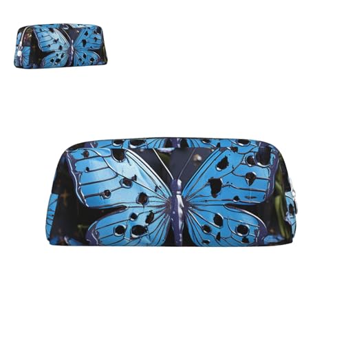 peiyeety Federmäppchen aus Leder mit blauem Schmetterling und Reißverschluss, tragbar, ästhetisch, wasserdicht, niedliche Stifttasche fürs Büro von peiyeety