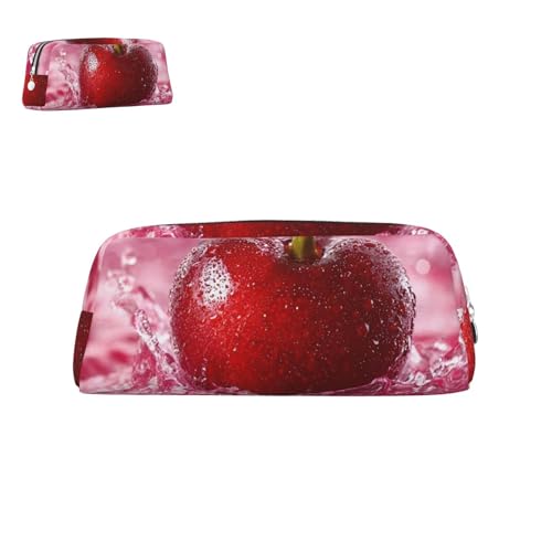 peiyeety Federmäppchen aus Leder mit roten Kirschen und Reißverschluss, tragbar, ästhetisch, wasserdicht, niedliche Stifttasche fürs Büro von peiyeety