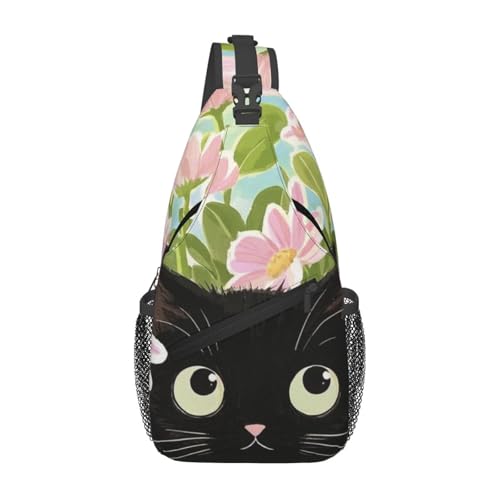 peiyeety Frühlingsblumen-Kreuz-Brusttasche mit schwarzer Katze, Willkommen, für Damen und Herren, verstellbare Umhängetasche, Schulterrucksack peiyeety Frühlingsblumen-Kreuz-Brusttasche mit schwarzer Katze, Willkommen, für Damen und Herren, verstellbare Umhängetasche, Schulterrucksack von peiyeety
