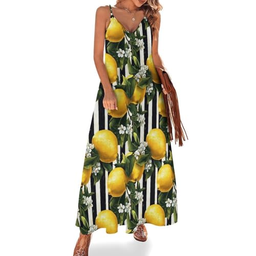 peiyeety Schwarz-weiß gestreiftes Zitronen-Print-Sommer-Maxikleid für Damen 2025, lässiges langes Strand-Sommerkleid mit Spaghettiträgern von peiyeety