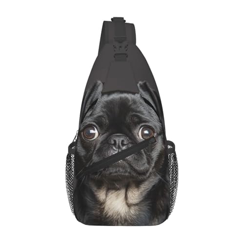peiyeety Umhängetasche, Umhängetasche, Brusttasche, süßer schwarzer Mops-Hund, lässiger Hüft-Gürteltasche für unterwegs von peiyeety