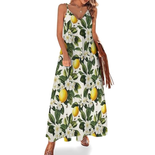 peiyeety Weißes Sommer-Maxikleid mit Blumen- und Zitronendruck für Damen 2025, lässiges langes Strand-Sommerkleid mit Spaghettiträgern von peiyeety