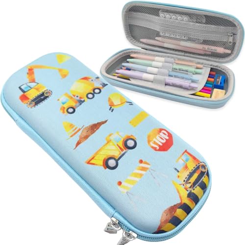 pekifaves Baustelle Federmäppchen mit Fächer, Bagger Mäppchen Federtasche, Blau Stiftetasche Schlampermäppchen Reißverschluss Pencil Case Bleistifttasche für Kinder Teenager Jungen Schule von pekifaves
