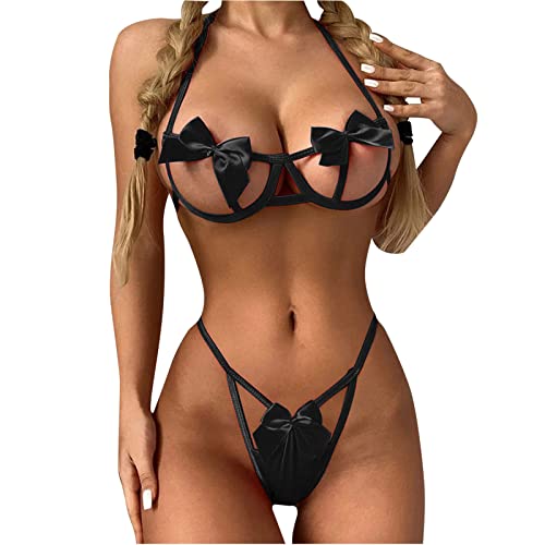 penobon Sexy Dessous Sets für Damen BH Set Bodydoll Erotisch Unterwäsche Frauen Reizwäsche Strappy Lingerie Schleife Korsett Reizvoller Wäschebogen hohler reizvoller Spaßanzug(Schwarz/M) von penobon