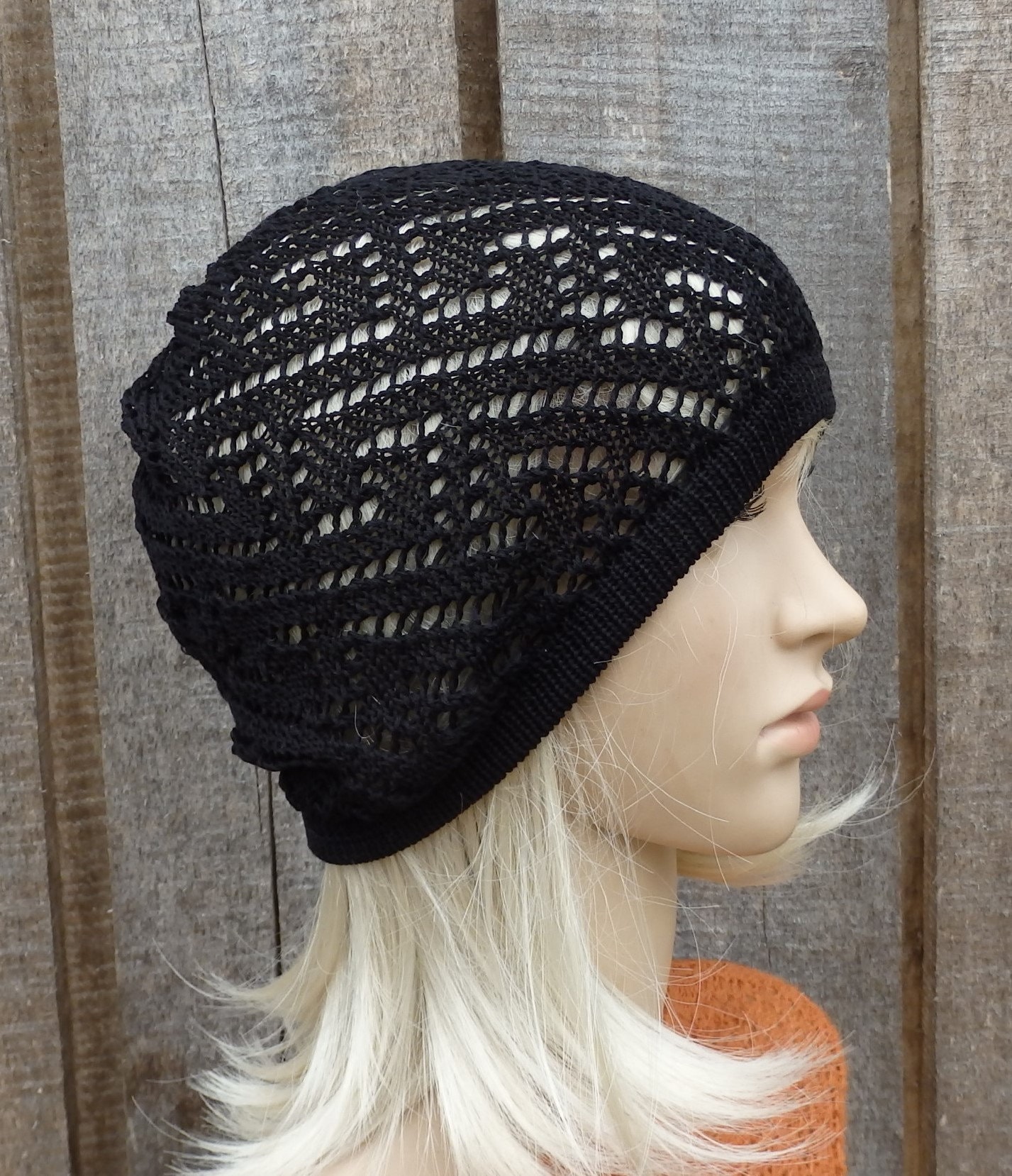 Gestrickte Baumwolle Sommer Mütze, Schwarze Spitze Hut, Lässige Beanie Fischnetz Frauen Tam, Strick Sonnenhut, Leichte Mütze von peonijahandmadeshop