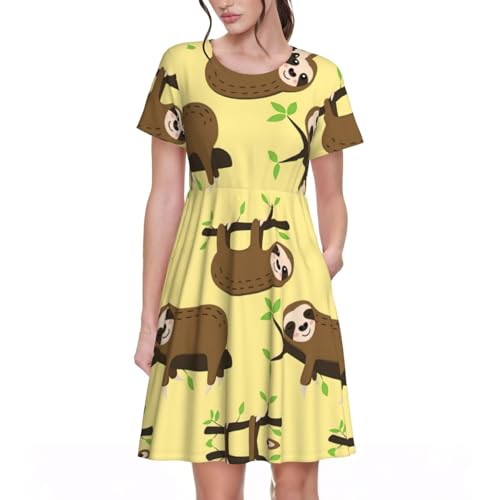 Süßes Faultier auf gelben Zitronen Damen Sommer Kurzarm Freizeitkleid Swing Strand Sommerkleid Knielang mit Taschen, Schwarz, Klein von perangg