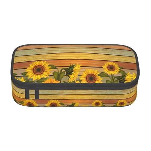 perangg Federmäppchen mit Sonnenblume auf Holz, großes Fassungsvermögen, Stiftetasche, Schreibwaren-Organizer mit Reißverschluss, für Büro und Uni von perangg