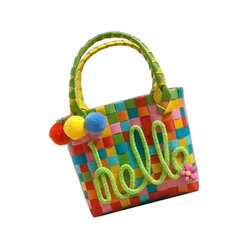 perfk Gewebte Tasche Gewebter Korb mit Griffen Shopper Tasche Geburtstagsparty mit Pompons Geschenktasche für Frauen Damen Handgewebte Handtasche von perfk