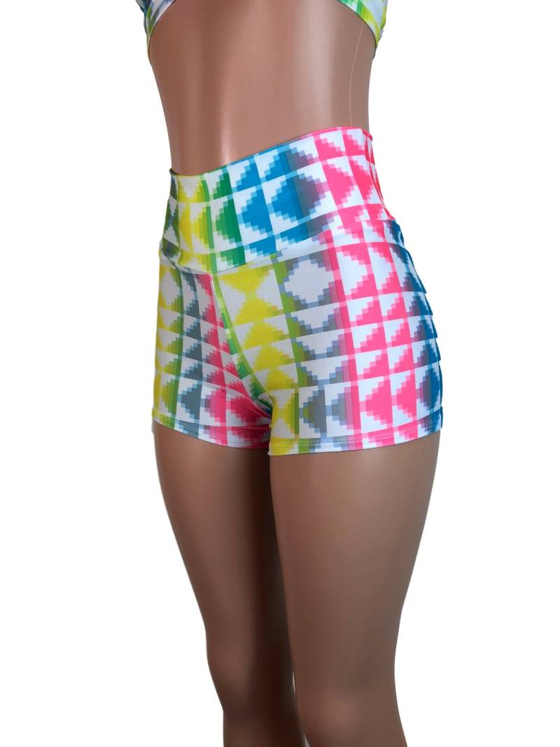 Booty-Shorts Mit Hohem Bund Und Neon-Tetris-Print - Roller Derby, Festival, Rave-Kleidung von peridotcloth