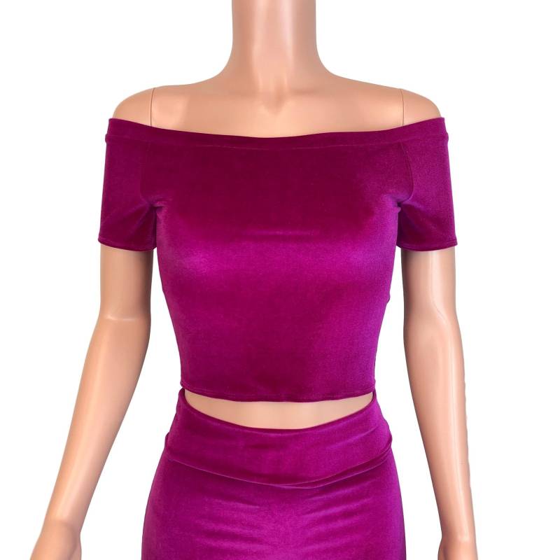 Fuchsia Pink Samt Cold Shoulder Top - Bodycon Clubwear, Rave Wear, Crop von peridotcloth